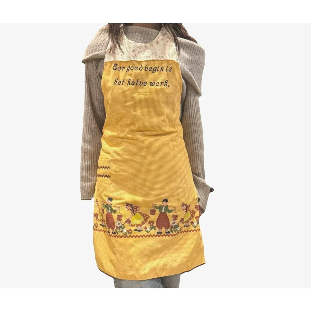 Vtg 1950s 1960s Full Apron Dutch Boys Girls Yellow Gingham Cotton Lined 1/2 Work